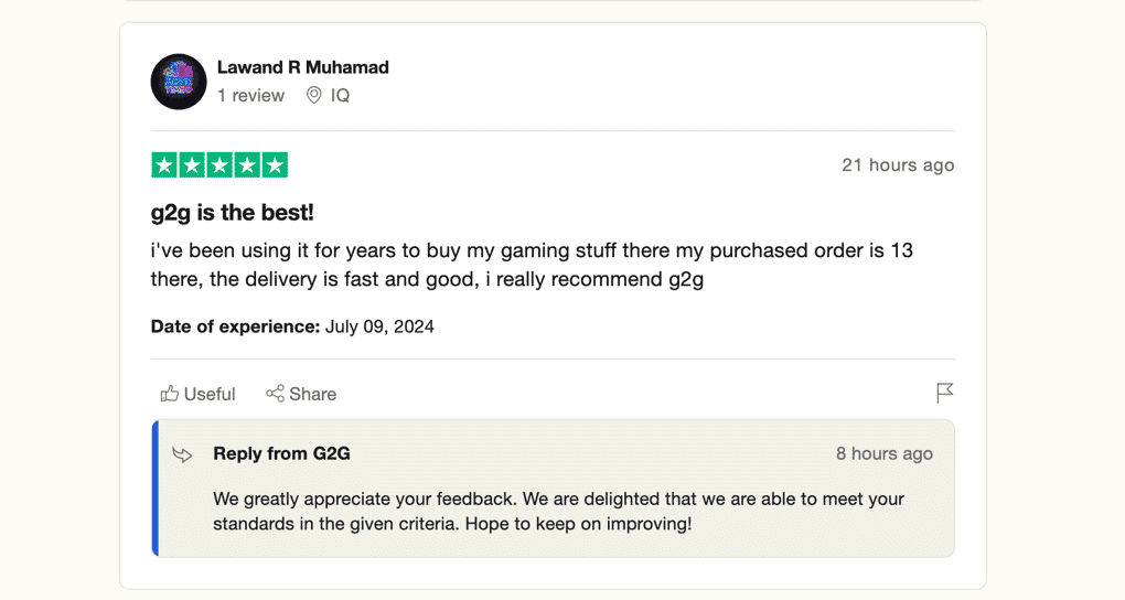 Positive G2G review on Trustpilot