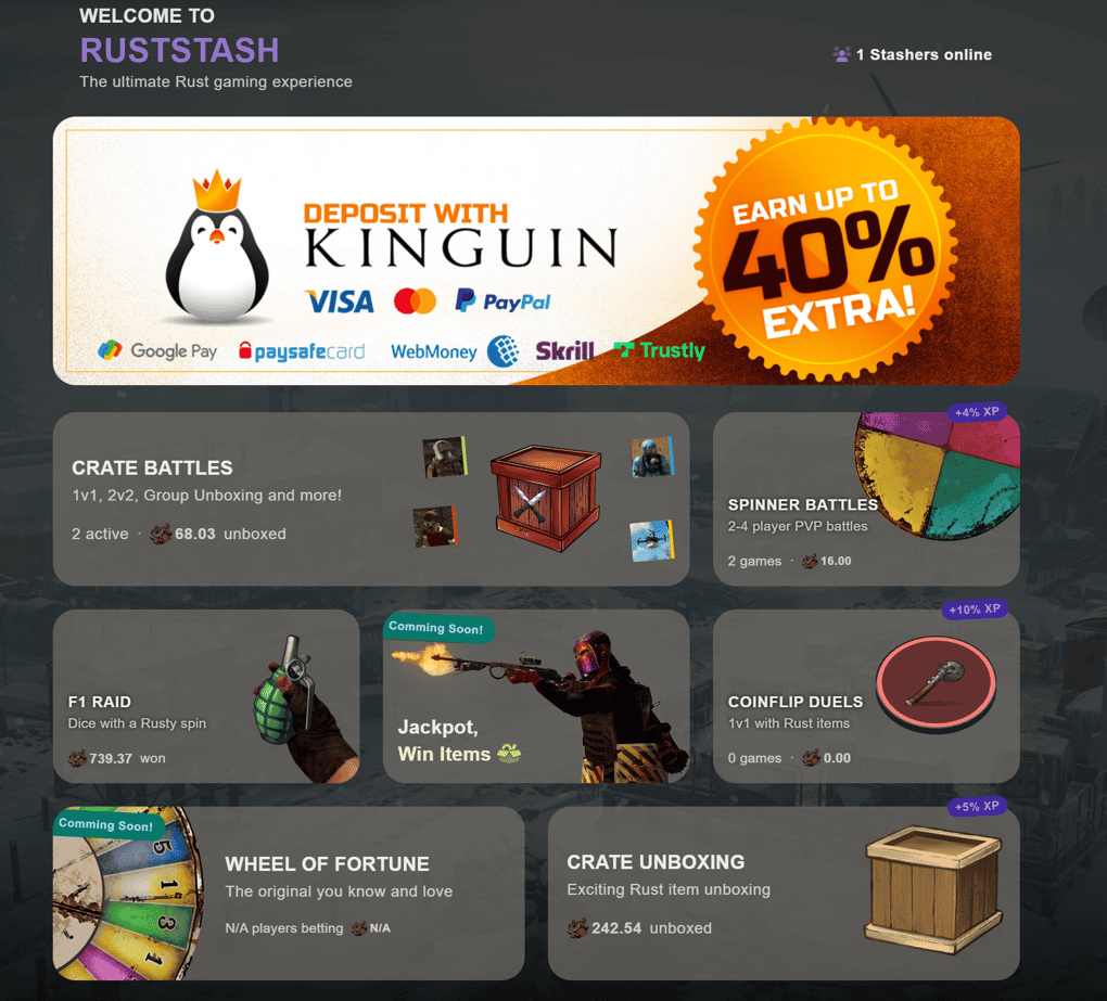 RustStash homepage for Rust gambling 