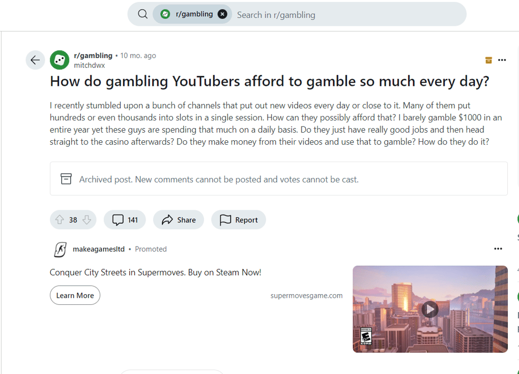 A Reddit thread where users discuss their losses from following YouTube gambling tips