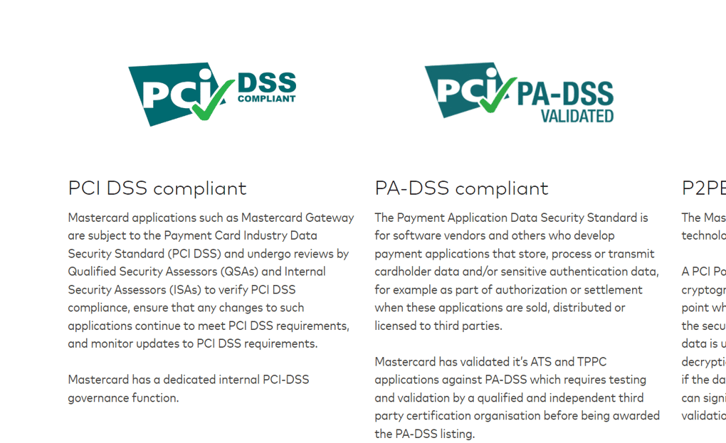 Secure payment gateway interface showing PCI DSS compliance badge example mastercard