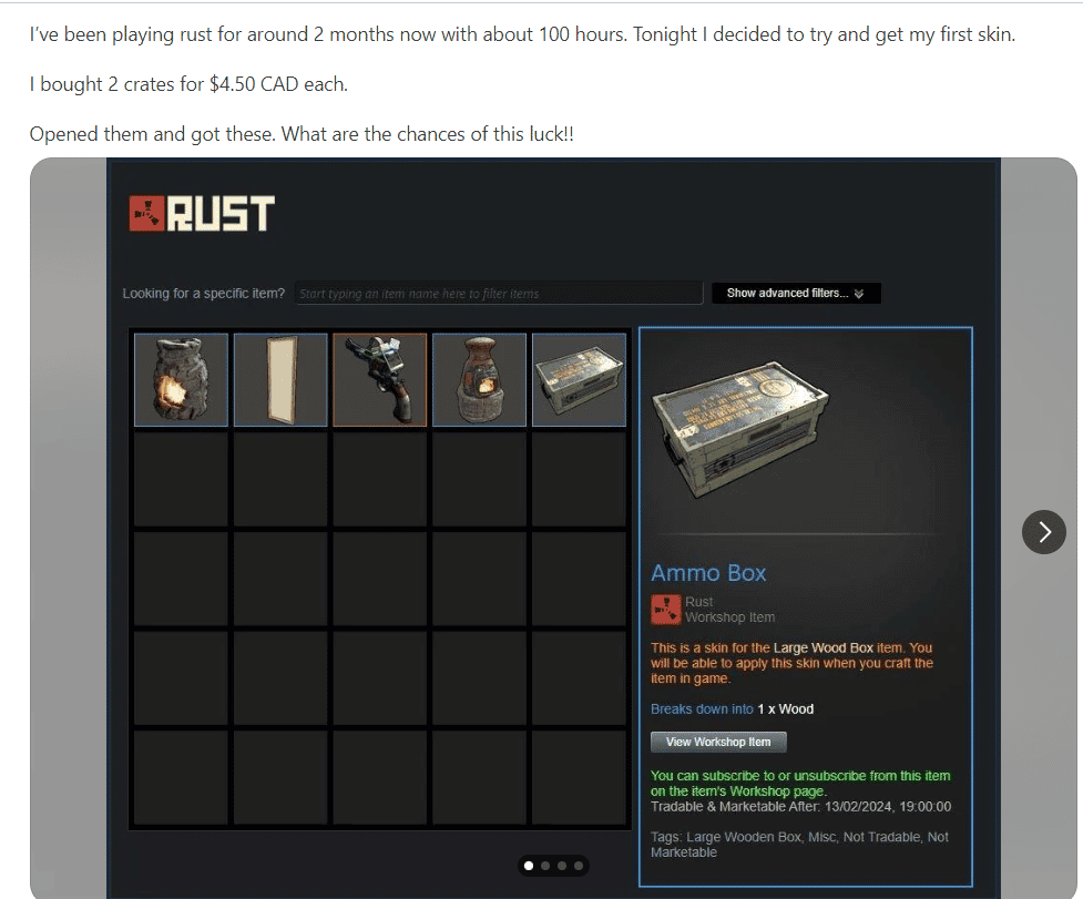 Player opening a skin crate in Rust