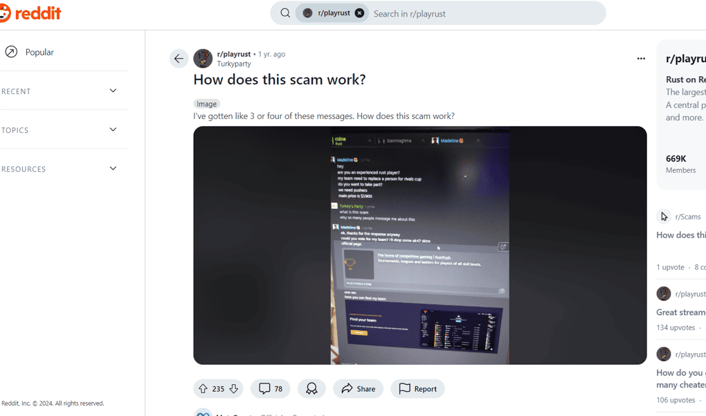 Reddit forum discussing Rust gambling scams