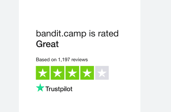 Trustpilot rating of Bandit.Camp showing 4 stars and user reviews highlighting fairness and good rewards.