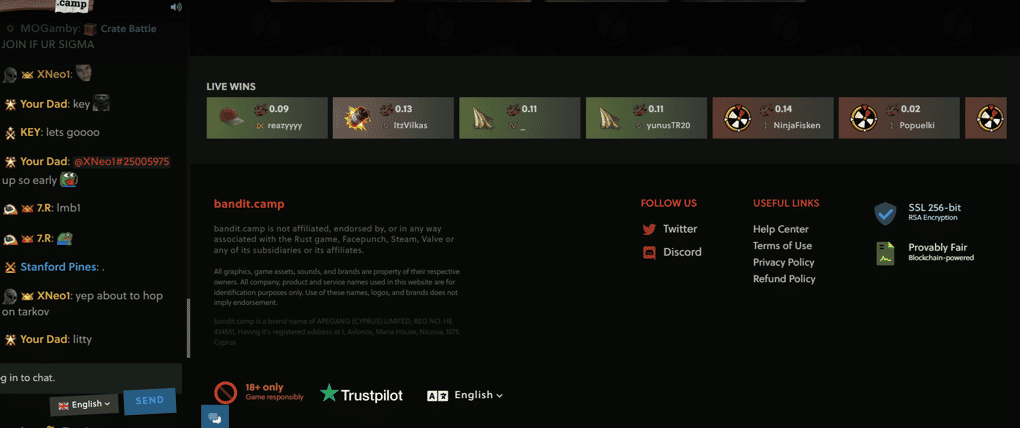 A SCREENSHOT OF A TRUSTWORTHY RUST GAMBLING SITE