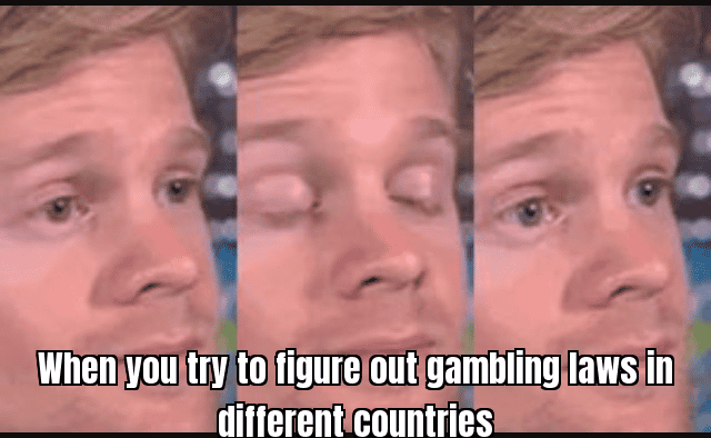 A confused person looking at a map with various gambling law symbols, adding humor to the complexity of understanding international laws