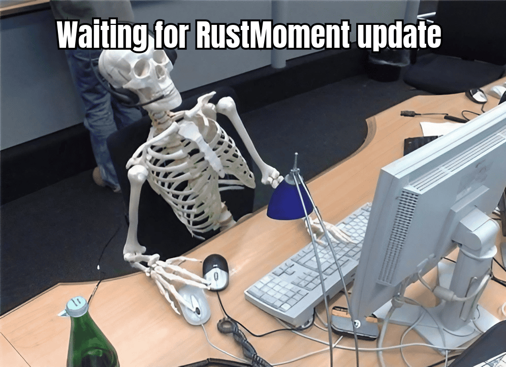 A crystal ball with the text "The future of RustMoment" and a worried face looking into it