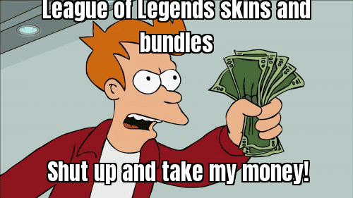 A meme depicting a League of Legends player with lots of in-game purchases