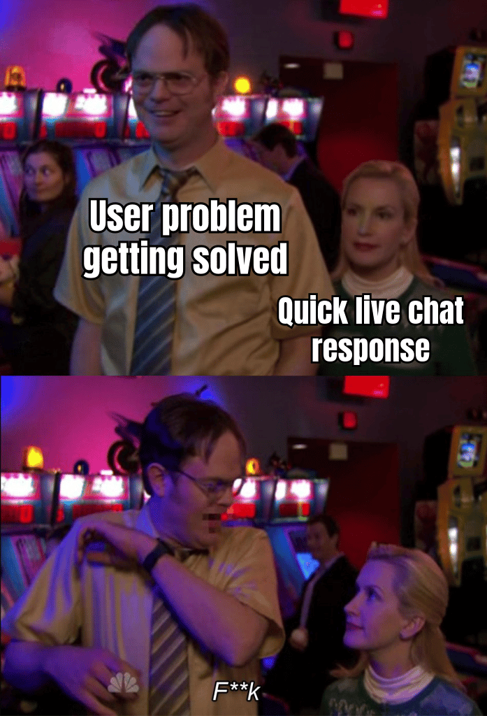 A meme depicting a satisfied user quickly getting their problem solved via live chat.