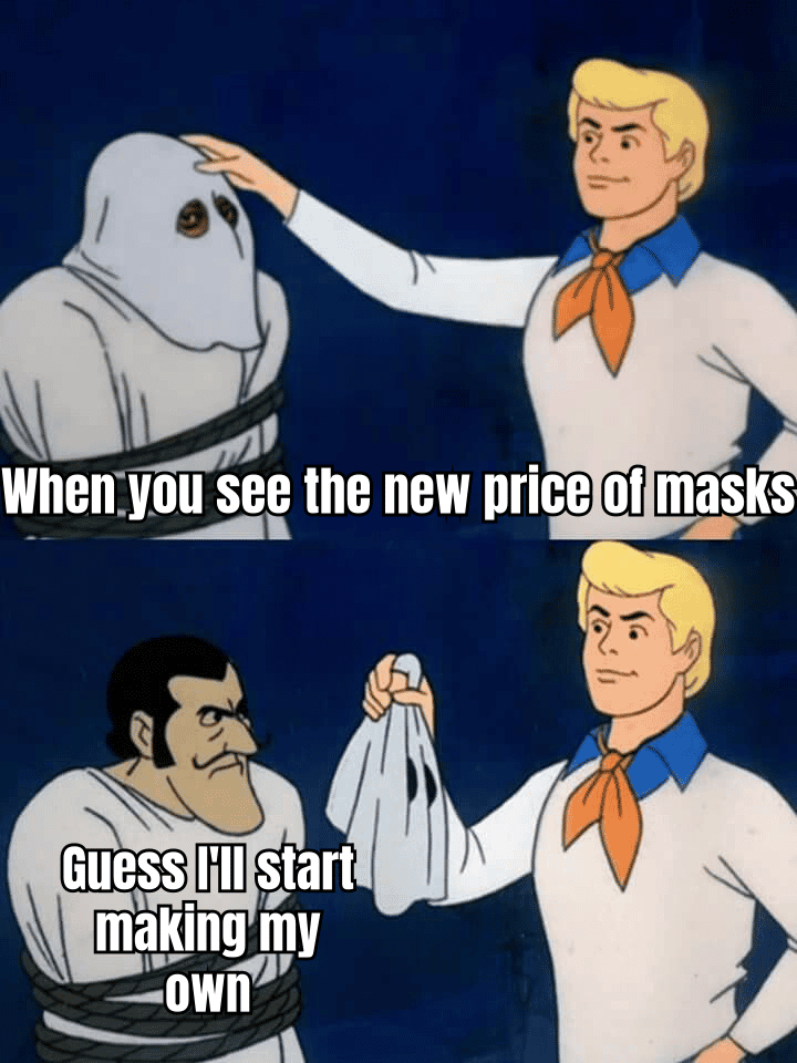 A meme showing a collector's reaction to the mask's price increase