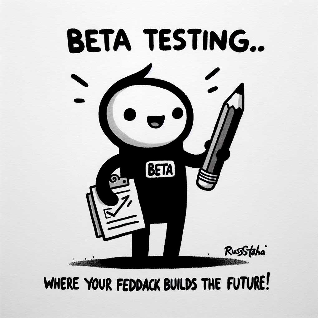 A simple drawing showing a "Beta" stamp with someone adding feedback, and a humorous caption like "Beta testing... where your feedback builds the future!"