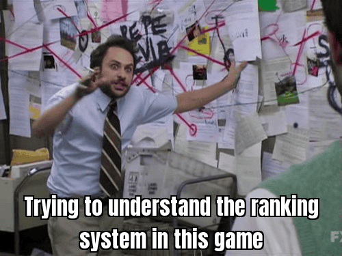 Confused player looking at a complicated ranking system with a funny caption