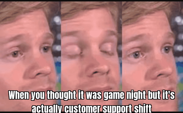 Customer support agent juggling game controllers while looking confused, with a caption "When you're ready to game but not to help"