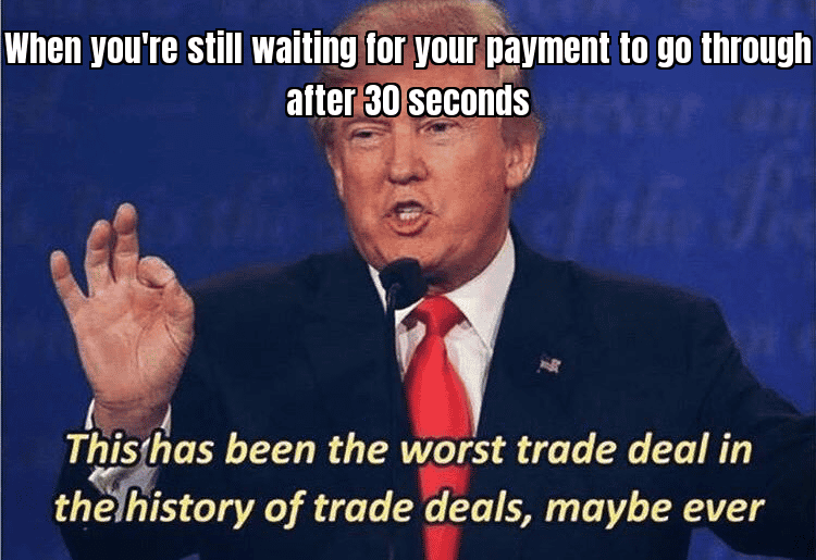 Funny meme about waiting for a transaction that takes longer than 30 seconds, like a skeleton waiting on a bench