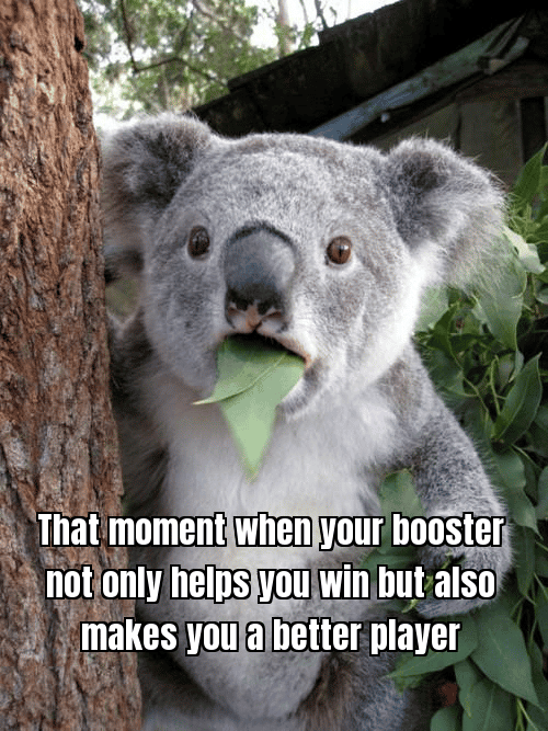 Happy customer meme with text "When your booster not only helps you win but makes you a better player"