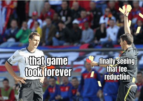 Happy player enjoying a fee reduction with a humorous caption