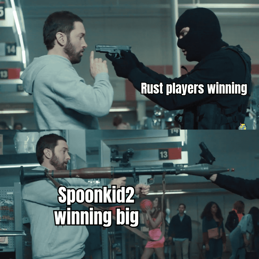 Meme with the text "When Spoonkid2 wins big in Rust: *Happy Dance*" showing a funny dancing character