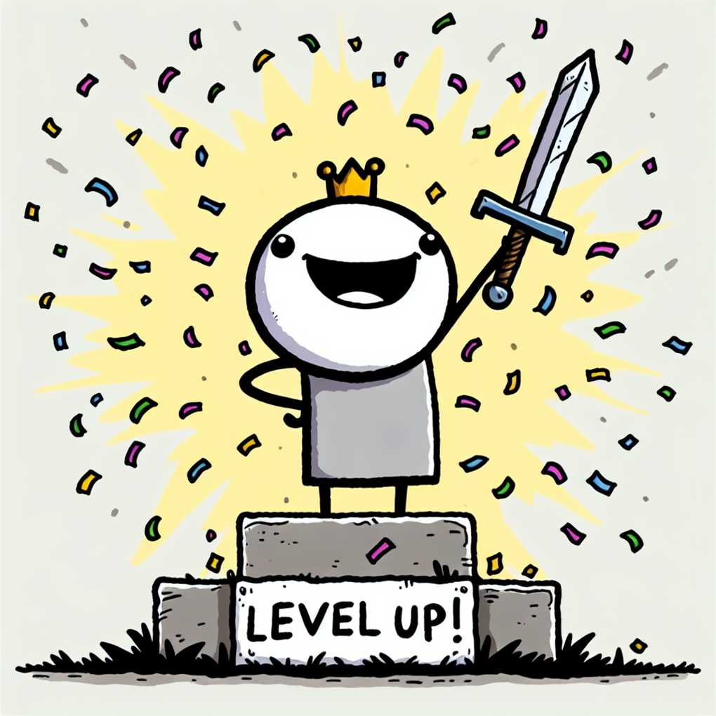 Sketch showing a character leveling up with a smile