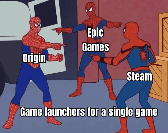 "When you need five clients just to play one game. MEME IDEA: A frustrated gamer surrounded by different game launcher icons."